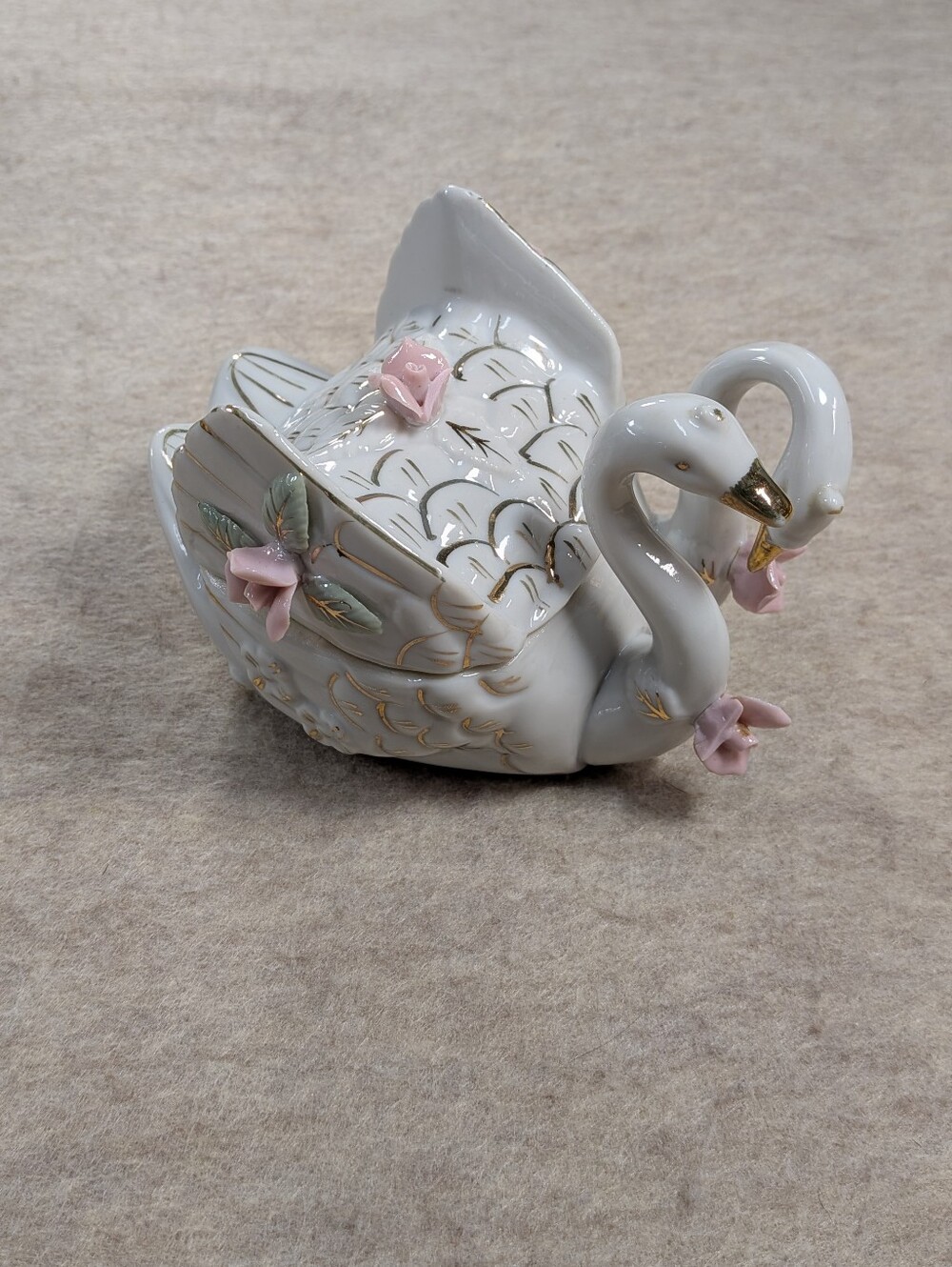Porcelain Double Swan Trinket Dish Gold Pink Roses Romantic Vintage Jewelry Dish